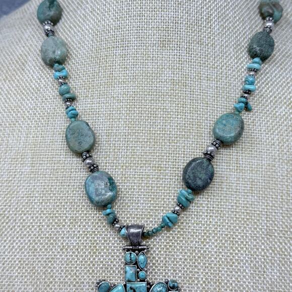 Vintage Blue Green Turquoise Sterling Silver Cross Pendant and Necklace 81 grams - Picture 4 of 11